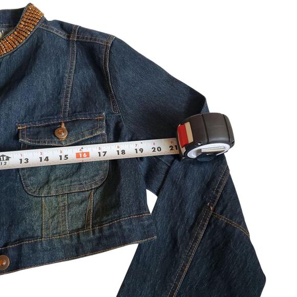 Y2k Street Blues Dark Wash Cropped Denim Jacket W/ Rhinestones - Large - Picture 7 of 8